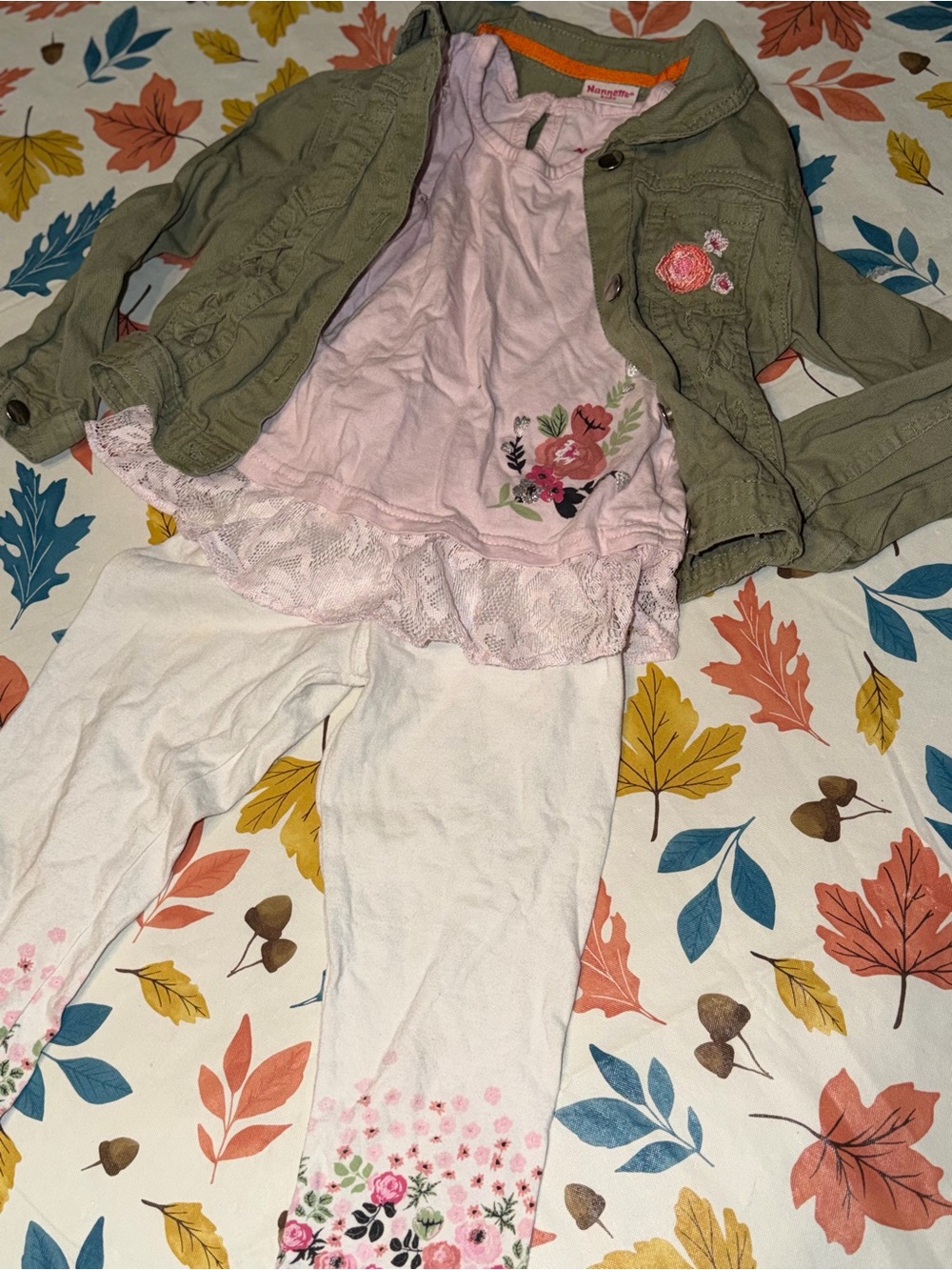 Nannette Girls Olive Utility Jacket with Pink Floral Top & White Floral Leggings
